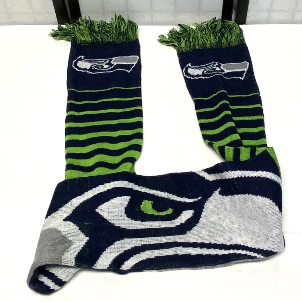 NFL Seattle Seahawks Double Side Stripe Sea Hawk Design Wrap Fringed Knit Scarf